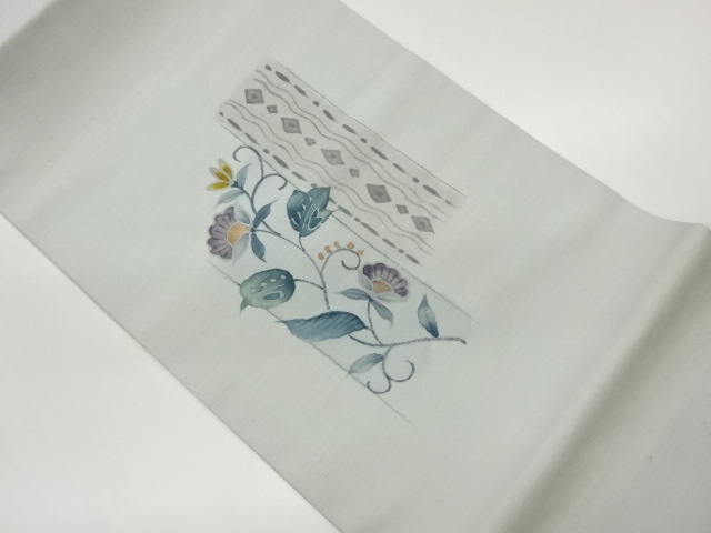 手織り紬手描き花唐草に抽象縞模様開き名古屋帯（額縁仕立て）